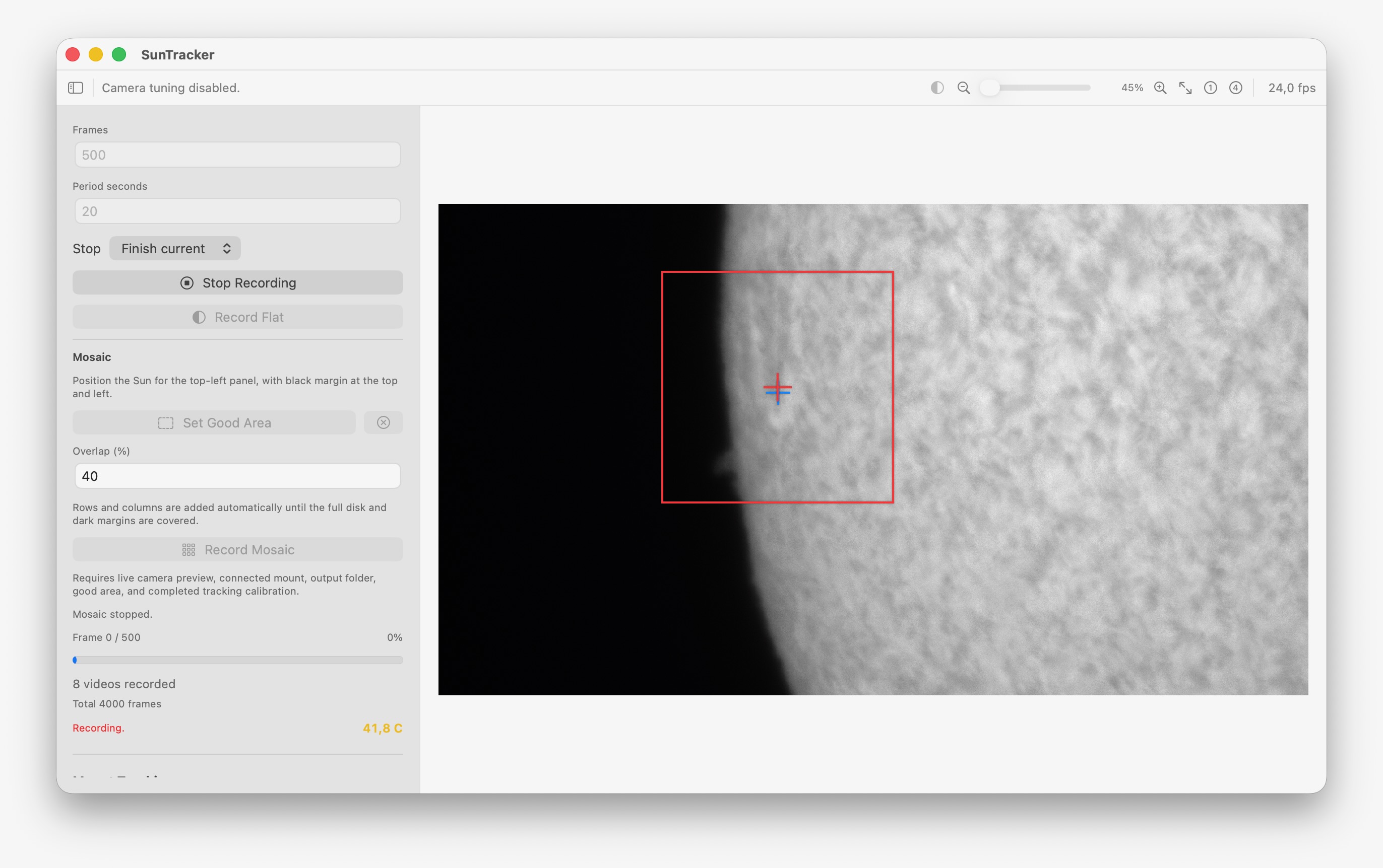 SunTracker recording interface with a selected region on the solar limb